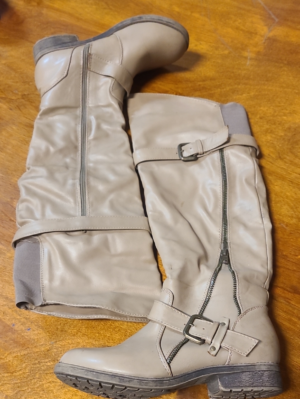Charlotte Russe Beige Knee- High Buckle Riding Boots